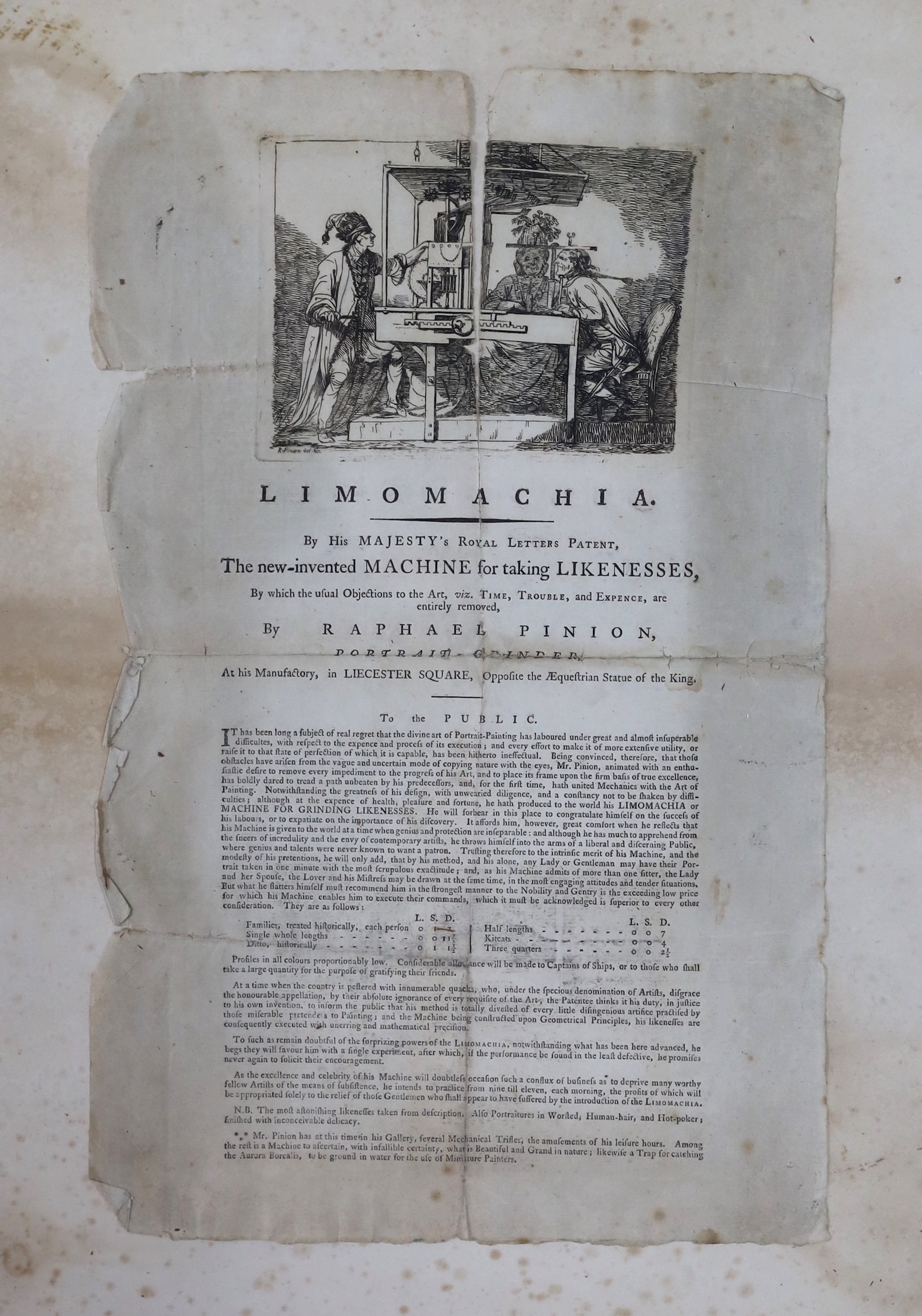 An early printed sheet 'Limomachia, the new invented machine for taking likenesses', by Raphael Pinion, 40 x 26cm